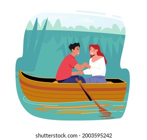 Young Happy Girl and Boy Romance Dating. Man and Woman Floating Boat at Water Surface. Characters Holding Hands, Summertime Vacation, Loving Couple Sparetime. Cartoon People Vector Illustration