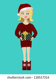 Young happy girl in Christmas hat with a christmas gift in her arms.
