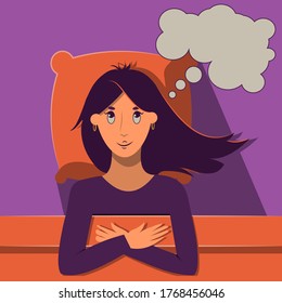 Young happy girl dreaming in bed. Thinking bubble, pillow, blanket. Ready to fall asleep. Flat cartoon vector illustration for sleeping accessories advertising, health care daily routine banner.