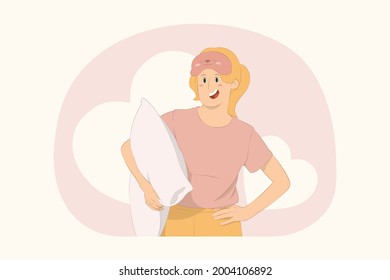 Young happy girl hold pillow night bedtime concept