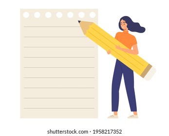 Young happy girl holding giant pencil standing with blank paper note. Concept of short list, memo pad, empty page ready to write, announcement, reminder, to do list. Flat vector illustration character