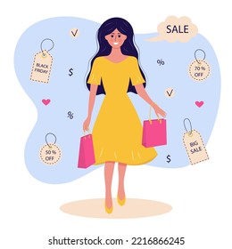 Young happy girl holding packages after shopping. Tags, labels, sale, discount icons around. Black Friday, shopping, shopaholic, big sale concept.