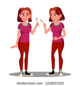 Young Happy Girl Holding A Positive Pregnancy Test Vector. Isolated Illustration