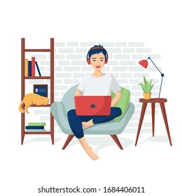 Young happy girl in home clothes is sitting in a chair with a laptop in headphones. Vector illustration of programmer coding, freelance. Remote work from home. Distance learning. Online shopping