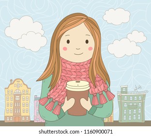 Young happy girl in a knitted scarf with cup of hot coffee or tea. Background of the old European city. Hand draw card. Vector illustration in cartoon style.