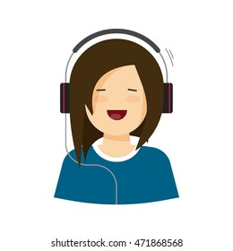 Young happy girl listening music in headphones and dark blue blouse vector illustration, flat cartoon pretty woman singing song, casual beauty lady in headset with cheerful smiling face