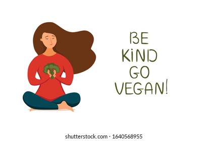 Young happy girl meditate in lotus pose holding broccoli  in her arms vegan concept. Vector flat style illustration of vegetarian relax woman in healthy nature friendly food lifestyle