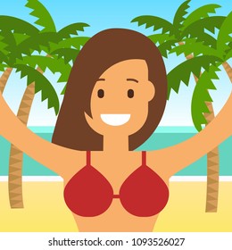 Young happy girl on the beach and sea. Selfie. Vector illustration in flat stile. EPS 10