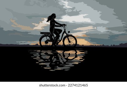 A young happy girl on an electric bike rides at sunset past a pond with reflection. Vector illustration, silhouette of a woman on the background of the evening sky, a walk in the fresh air. EPS 10.