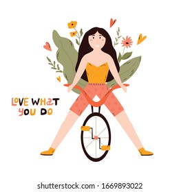 Young happy girl riding bicycle. LOVE WHAT YOU DO lettering text. Cheerful woman bicyclist