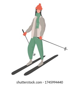 Young happy girl riding on ski vector flat cartoon illustration. Female character in winter clothes doing winter activities. Ski resort concept for design and web.