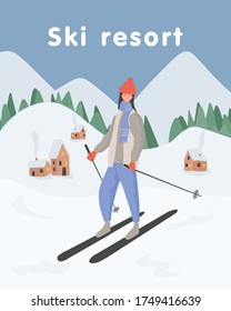 Young happy girl riding on ski vector flat cartoon illustration. Female character in winter clothes doing winter activities. Ski resort banner concept for design and web.