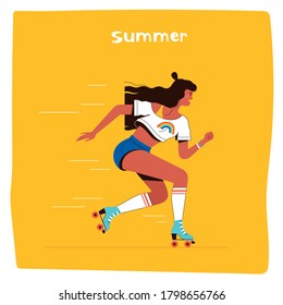 Young happy girl riding retro roller skates. The concept of summer activity and outdoor recreation