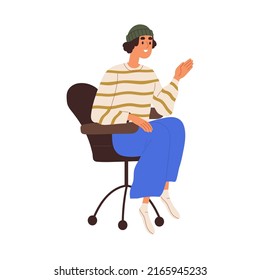 Young happy girl sitting in wheeled armchair. Modern employee, trendy creative office worker in chair, greeting smb with hi hand gesture. Flat vector illustration isolated on white background.