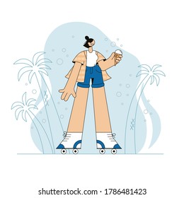 A young happy girl smiles and holds an ice cream in her hands. Hyperbolized character on roller skates in a checked shirt and shorts against a background of palm trees. Giving up the car, positive att