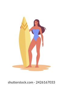 Young happy girl standing on sand and holding surfboard. Active female character in swimwear on summer recreation, sea leisure hobby. Flat vector illustrations on white background