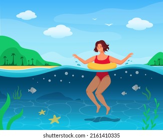 Young happy girl swims in the sea on inflatable ring. View above and below water. Summer rest and vacation concept. Flat vector illustration.