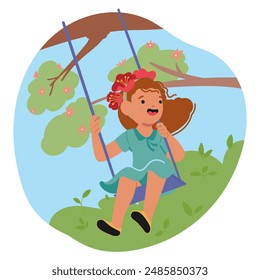 Young, Happy Girl Swinging Outdoors On Sunny Day. Child Wearing A Blue Dress With A Flower In Her Hair, Surrounded By Greenery And Blooming Flowers. Vector Image Conveys Joy, Childhood And Adventure