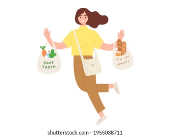 Young happy girl using fabric bag instead of plastic bag. Concept of Saving earth, eco friendly, supermarket shopping, zero waste, no plastic bag. Go green life. Flat vector illustration character.