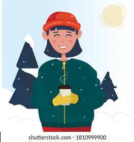 Young happy girl in winter clothes drinks coffee, winter landscape. Vector illustration stock