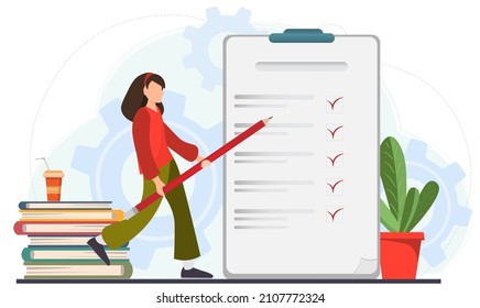 Young happy girl, woman writting at the check list and examining document, business analysis, audit, research concept, flat vector illustratiion