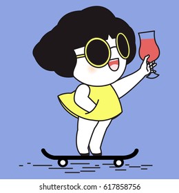 Young Happy Girl Worker Skateboarding And Holding A Wine Glass On Friday Concept Card Character illustatration