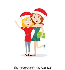 Young happy girls with Christmas gift flat characters