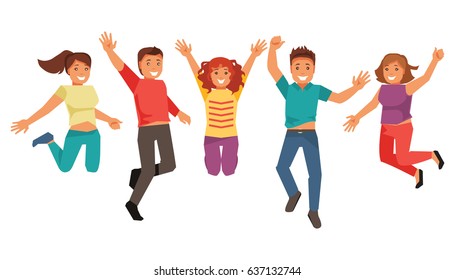 Young And Happy Group Of Jumping People. The Concept Of Team And Success. Vector Illustration