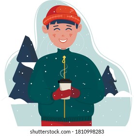 young happy guy drinking coffee on the rink, it is snowing, christmas mood, vector, stock, illustration, flat, cartoon, background