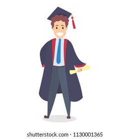 Young happy handsome boy on graduation day holding diploma. Smiling student celebrating achievement. Isolated flat vector illustration