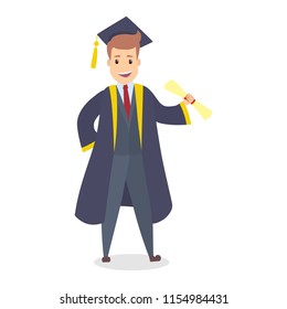 Young happy handsome boy on graduation day holding diploma. Smiling student celebrating achievement. Isolated flat vector illustration