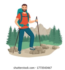 Young happy healthy man hiking tourist with a backpack stands on a background of forest and mountains. The concept of outdoor activities. Trekking, backpacking. Cartoon vector illustration.