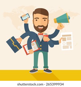 A young happy hipster Caucasian with beard has six arms doing multiple office tasks at once as a symbol of the ability to multitask, performing multiple task simultaneously. Multitasking concept. 