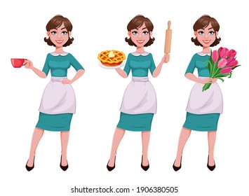 Young happy housekeeper, mother, beautiful successful woman. Cheerful lady, housewife in apron, set of three poses. Stock vector illustration