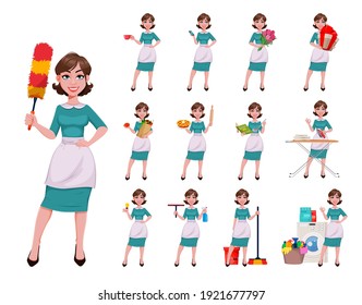 Young happy housekeeper, mother, beautiful successful woman. Cheerful lady, housewife in apron, set of thirteen poses. Stock vector illustration