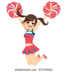 Young happy jumping cheerleader girl on uniform 