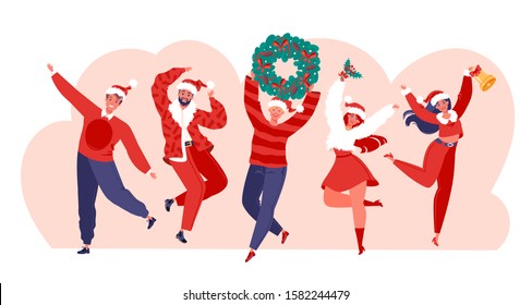 Young happy jumping and dancing people dressed in Santa Claus costumes and hats. Party dancer character. Young men and women enjoying New Year party with wreath of fir branches, bells, and mistletoe.