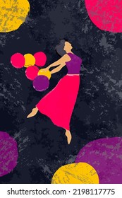 Young happy jumping woman holding balloons on dark background. Colorful editable vector illustration in flat cartoon style.