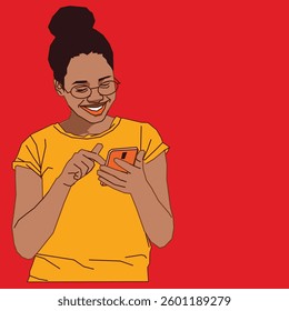 young happy lady going through her cell phone messages