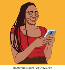 young happy lady going through her cell phone emails