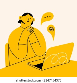 Young happy lady sitting at table, using laptop, having a video call, receiving message. Working online, remote work, internet browsing concept. Cartoon style character. Hand drawn Vector illustration