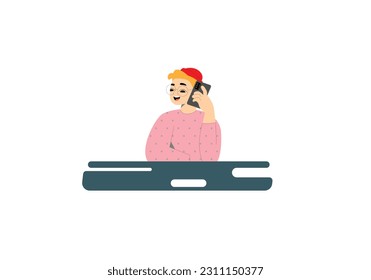 Young happy lady sitting at table, using mobile phone, having a call, receiving message. Cartoon style character. Hand drawn Vector illustration