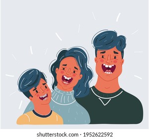 Young Happy Laughing Caucasian Family. Smiling Mother, Dad And Son Portrait . Family Entertainment, Children Orthodontics, And Dental Care Concept. Isolated Background Cartoon Vector Illustration