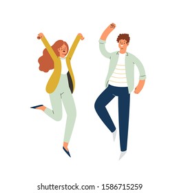 Young happy laughing couple man and woman jumping with raised hands in various poses. Joyful positive boy and girl rejoicing together, happiness, freedom concept. Colored vector illustration 