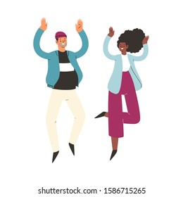 Young happy laughing couple man and woman jumping with raised hands in various poses. Joyful positive boy and girl rejoicing together, happiness, freedom concept. Colored vector illustration 