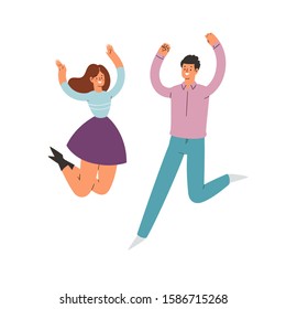 Young happy laughing couple man and woman jumping with raised hands in various poses. Joyful positive boy and girl rejoicing together, happiness, freedom concept. Colored vector illustration 