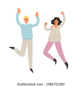 Young happy laughing couple man and woman jumping with raised hands in various poses. Joyful positive boy and girl rejoicing together, happiness, freedom concept. Colored vector illustration 