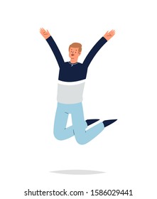 Young happy laughing man jumping with raised hands in various pose. Joyful positive boy rejoicing and dancing. Happiness, freedom, motion concept. Colored vector illustration isolated on white