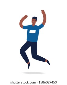 Young happy laughing man jumping with raised hands in various pose. Joyful positive boy rejoicing and dancing. Happiness, freedom, motion concept. Colored vector illustration isolated on white