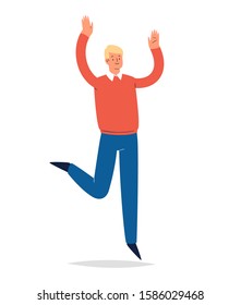 Young happy laughing man jumping with raised hands in various pose. Joyful positive boy rejoicing and dancing. Happiness, freedom, motion concept. Colored vector illustration isolated on white